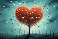 illustration of a heart-shaped tree with hearts around. Spring and love. Generative AI Royalty Free Stock Photo