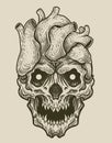 illustration heart skull with vintage engraving style on black background