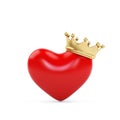 Illustration of a heart symbol wearing a crown, king of hearts concept. Heart with gold crown isolated on white