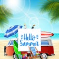 Hello summer banner background with a camper van, birds, and beach elements