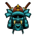 Illustration of helmet of samurai warrior with crossed katanas. Design element for poster, card, banner, emblem, t shirt