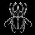 An illustration of a Hercules beetle in black and white set against a dark background. Royalty Free Stock Photo