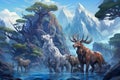 an illustration of a herd of deer in a river with mountains in the background