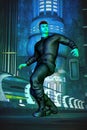 Illustration of hero defender or enforcer in a futuristic industrial hall scene