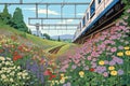 Illustration of a high-speed train through the field of flowers