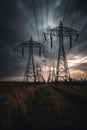 illustration, high voltage power pylons, generative ai Royalty Free Stock Photo