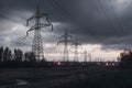 illustration, high voltage power pylons, generative ai Royalty Free Stock Photo