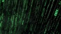 Illustration of a hightech, futuristic, and digitally animated green matrix code raining background Royalty Free Stock Photo