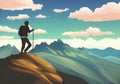 Illustration of Silhouetted Hiker in a Mountainous Landscape with Blue Sky and White Clouds