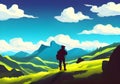 Illustration of a hiker silhouetted against a backdrop of stunning mountain scenery and a blue sky with white clouds