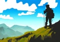 Illustration of a hiker silhouetted against a backdrop of stunning mountain scenery and a blue sky with white clouds