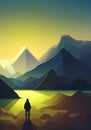 An Illustration of a Hiker in a Stunning Mountain Landscape At Sunset Royalty Free Stock Photo