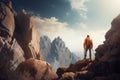 Illustration of a hiker with trekking sticks standing on a rock with a gorgeous view of the mountains Royalty Free Stock Photo