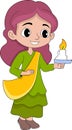 illustration of the Hindu religious Diwali tradition celebration, girls bring candlelight to worship the god