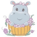 Illustration of a hippo sitting in a basket of flowers. Cute little illustration of hippopotamus for kids, baby book
