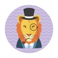 Hipster lion with glasses, top hat and smoking pipe