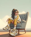 illustration hipster girl gold clothing sited on a chair