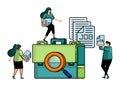 illustration of hiring with magnifying glass in the middle of briefcase and pile of files marked jobs. people around as applicants Royalty Free Stock Photo