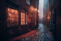 Illustration of historic European town cobblestone street with shops on both sides illuminated in the night, AI Generated image