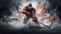 illustration hockey player black and red color move on dark black background with copy space AI