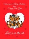 Illustration for Holiday card with cute enamored tigers drinking hot chocolate, red background, heart and snowflakes