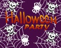 illustration, holiday card, spiders on the web, skulls and lettering Halloween Party on a purple background