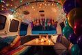 Illustration of a holiday decorated interior of a camper van