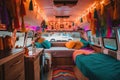 Illustration of a holiday decorated interior of a camper van