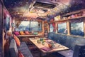 Illustration of a holiday decorated interior of a camper van