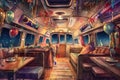 Illustration of a holiday decorated interior of a camper van