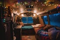 Illustration of a holiday decorated interior of a camper van