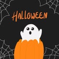 Illustration for the holiday halloween. frightening ghost climbs out of a pumpkin on a dark background Royalty Free Stock Photo