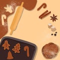 Illustration of home baking christmas gingerbread cookies process. Top view frame composition