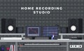 Illustration of home recording studio on background of a mosaic wall of gray tiles flat vector set