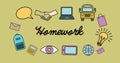 Illustration of homework text with laptop, bus, bulb, eye, handshake, bag, thought bubble, envelope