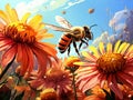 Honey bees in sunny garden