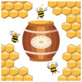 Illustration, honey and beekeeping. Wooden barrel with honey and bees on the background of honeycombs. Icon, vector Royalty Free Stock Photo