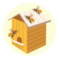 Illustration, honey and beekeeping, wooden beehive and bees. Brown-gold colors. Icon, print