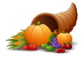 Horn of plenty cornucopia with fruits and pumpkins Royalty Free Stock Photo