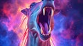 Horse head with open mouth and tongue out in pink and blue smoke