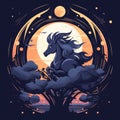 an illustration of a horse in the moonlight with clouds in the background