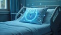 Illustration of hospital bed with glowing digital padlock on pillow, HIPAA compliance, data security. Padlock features binary Royalty Free Stock Photo