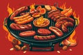 Illustration of hot grill with various meat delicacies