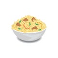 Illustration of hot pilaf with rice, meat and pepper in a bowl.