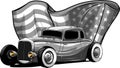 monochromatic hot rod car with american flag Royalty Free Stock Photo