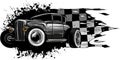 monochromatic illustration of hot rod car with race flag Royalty Free Stock Photo