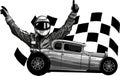 monochromatic illustration of hot rod with race flag Royalty Free Stock Photo