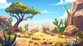 Illustration of a hot sand desert with stones, a dune, plants and cactuses. Modern cartoon illustration of a desert Royalty Free Stock Photo