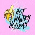 Illustration hot winter holiday with banana on a blue background. Design elements.