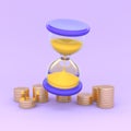 Illustration of Hourglass with Golden Coins Around on Purple Studio Background. Royalty Free Stock Photo